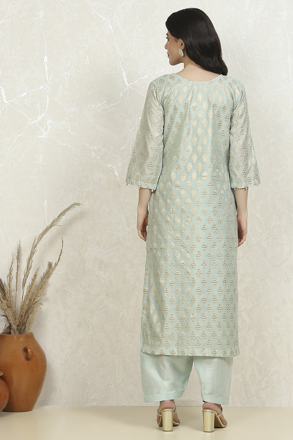 Peach Art Silk Woven Unstitched Suit Set image number 5