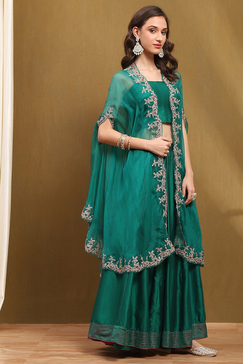 Green Silk Chanderi Festive Flared Lehenga Set image number 6