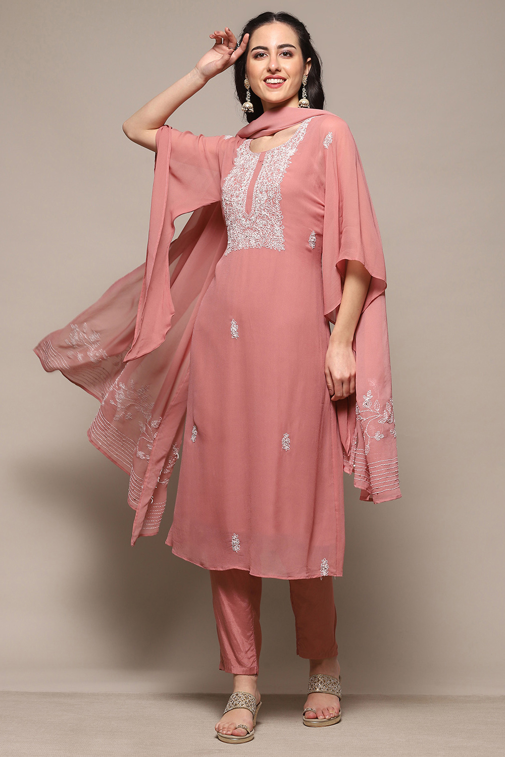 Peach Georgette Unstitched Suit Set image number 1