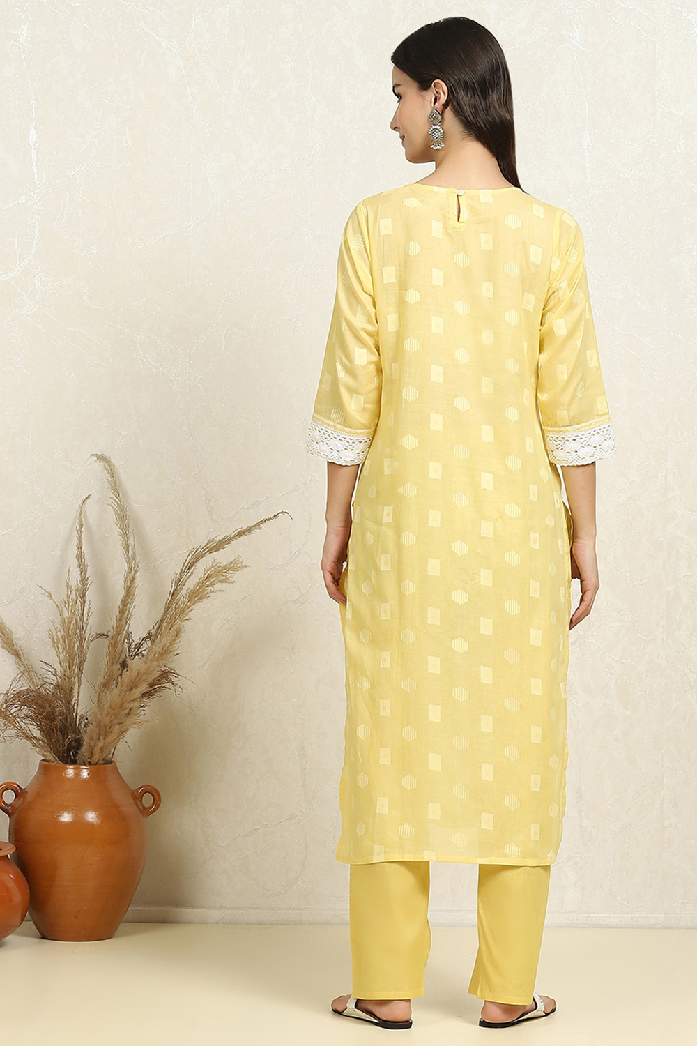 Yellow Cotton Handloom Unstitched Suit Set image number 5