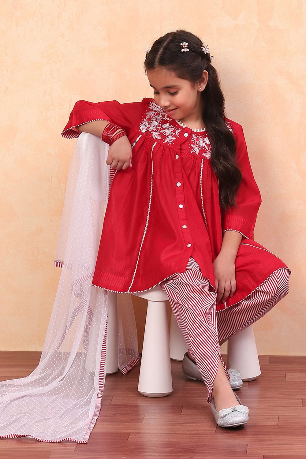 Red Poly Chanderi Kalidar Suit Set image number 0