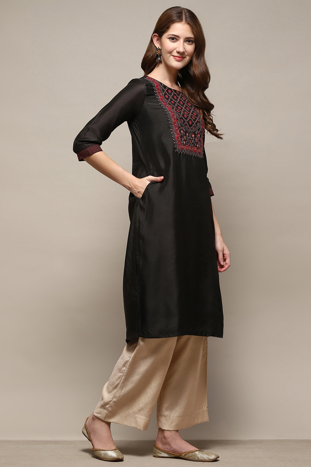 Charcoal Cotton Blend Straight Kurta image number 4