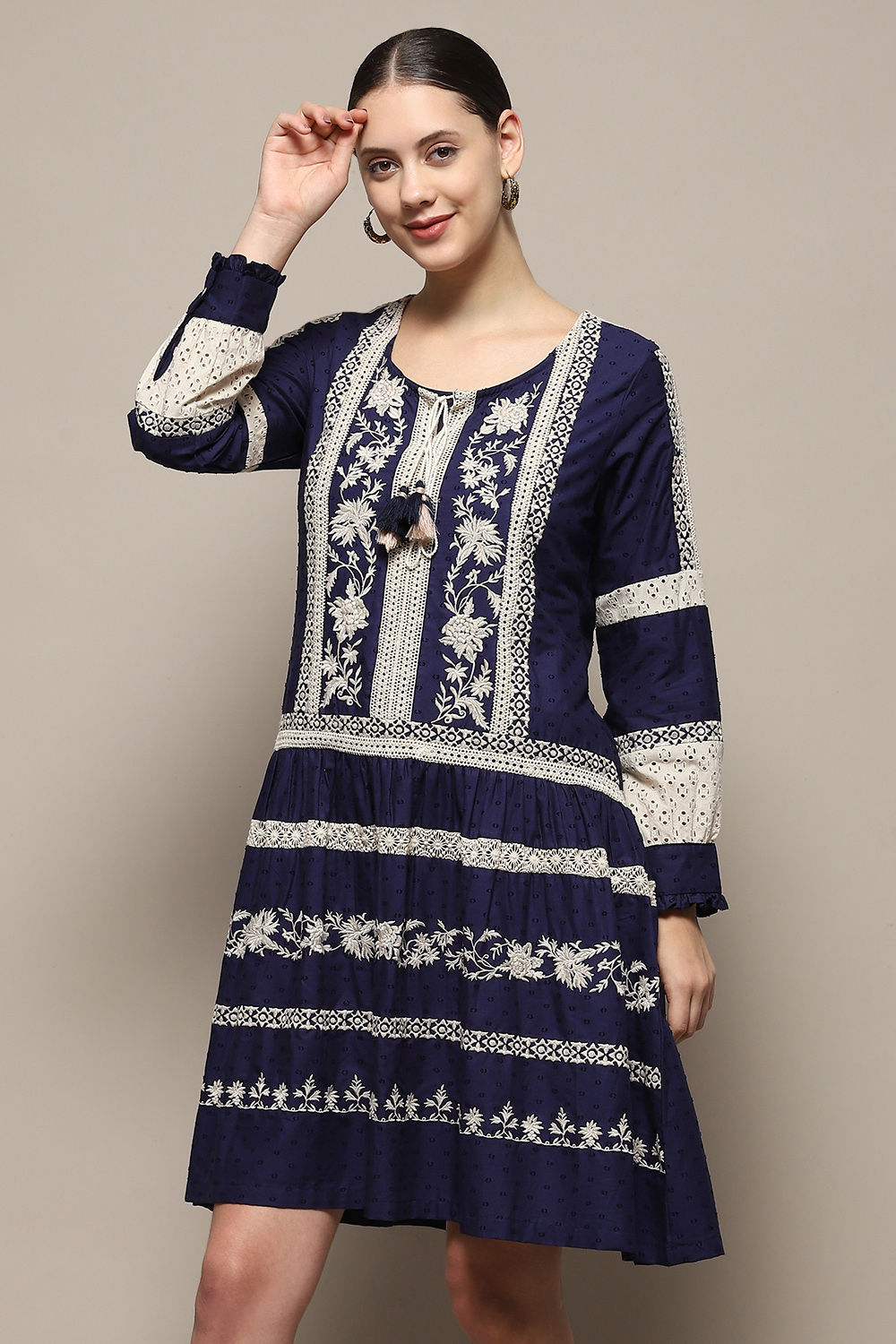 Indigo Pure Cotton Embroidered Flared Dress image number 2