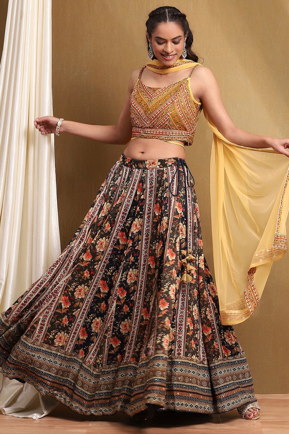 Navy Viscose Blend Lehenga Set  image number 6