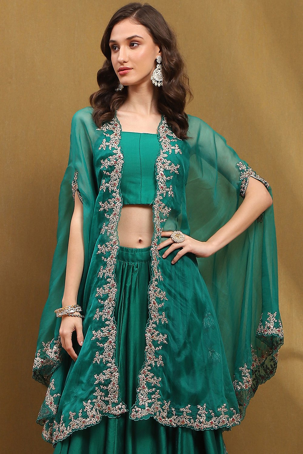 Green Silk Chanderi Festive Flared Lehenga Set image number 1