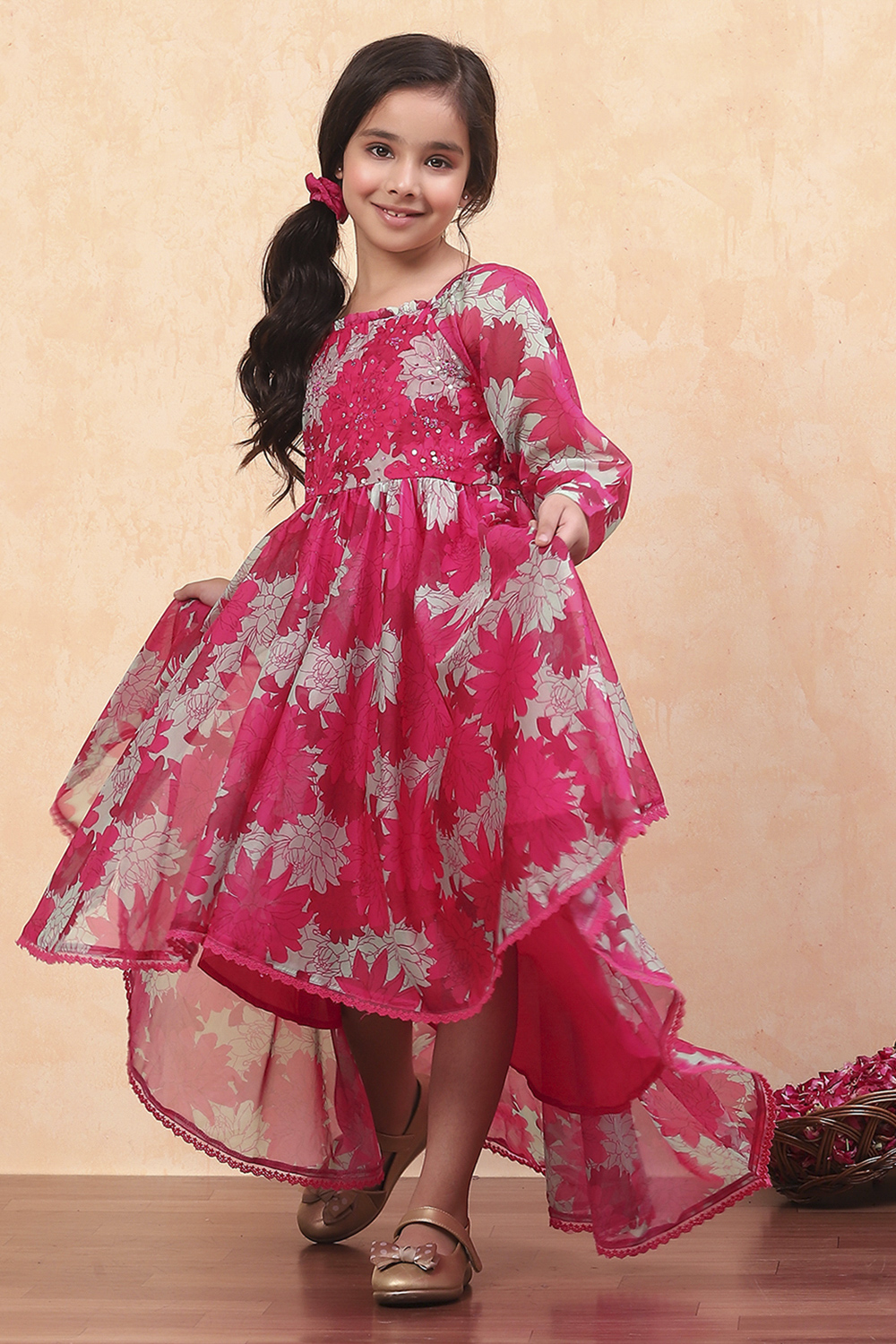 Pink Organza Floral Printed Asymmetric Flared Dress at Biba India