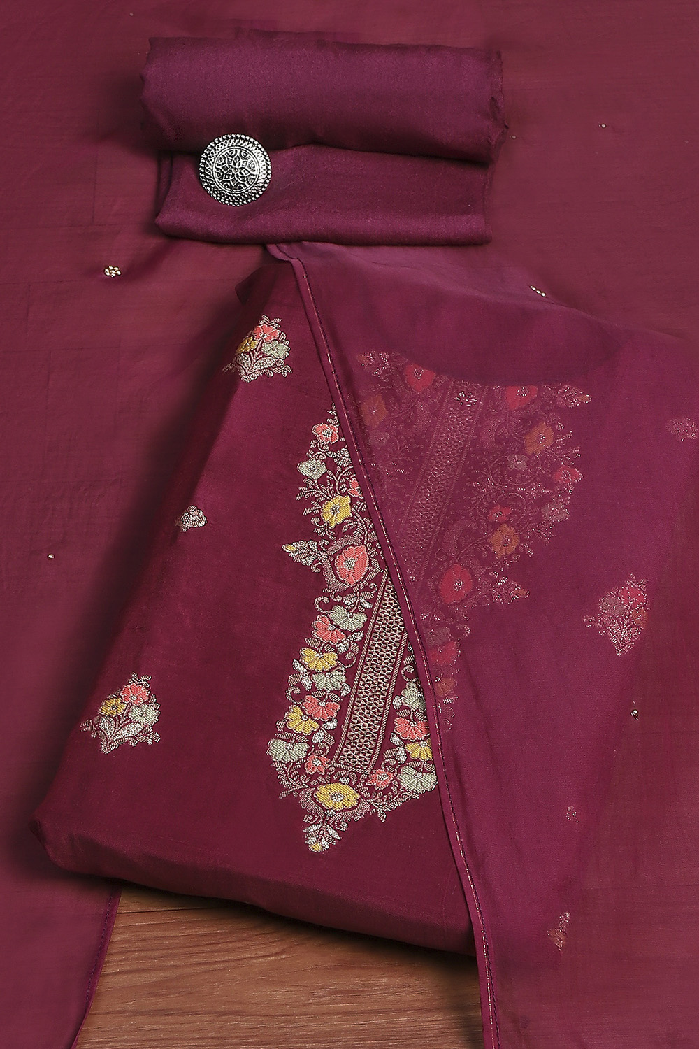 Red Viscose Silk Floral Woven Unstitched Suit Set image number 0