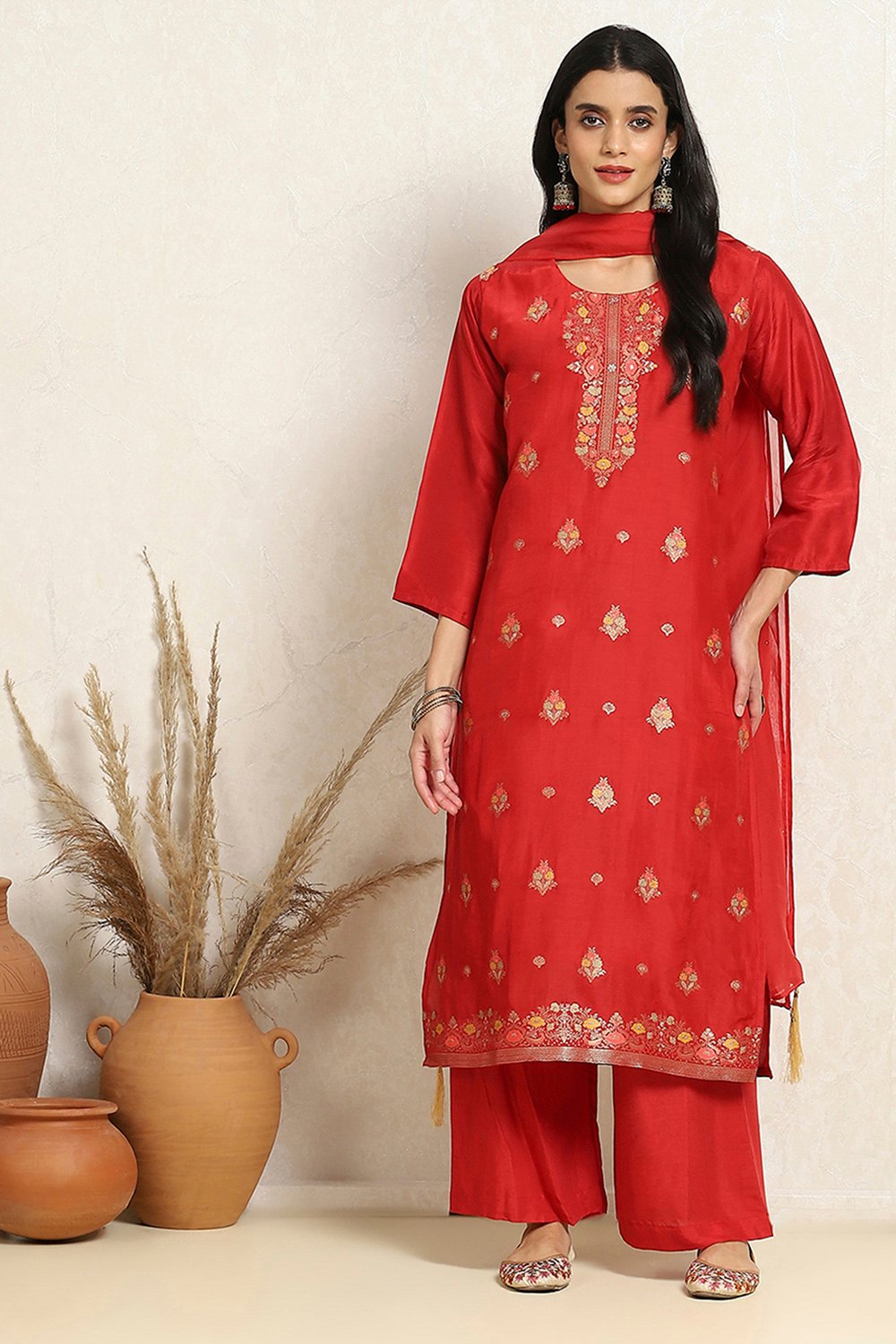 Red Viscose Silk Floral Woven Unstitched Suit Set image number 1