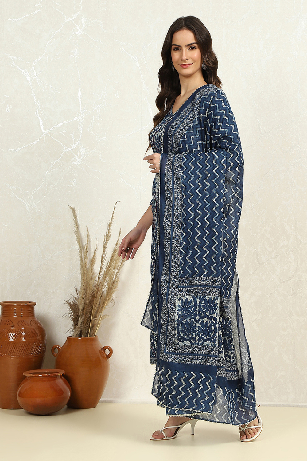 Indigo Cotton Floral-Dyed Unstitched Suit Set image number 4