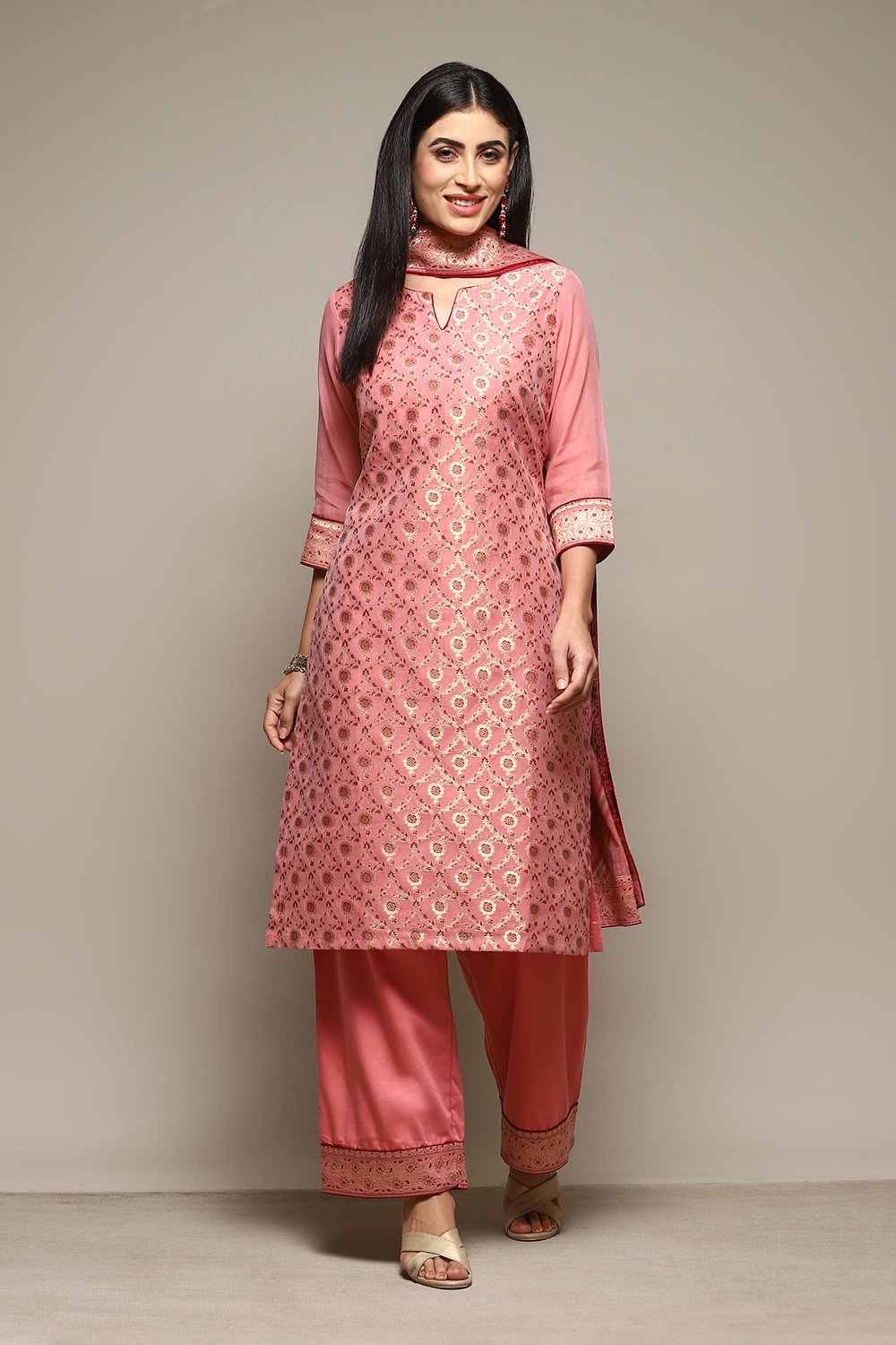 Blush Pink Cotton Yarn-Dyed Floral Straight Suit Set image number 7