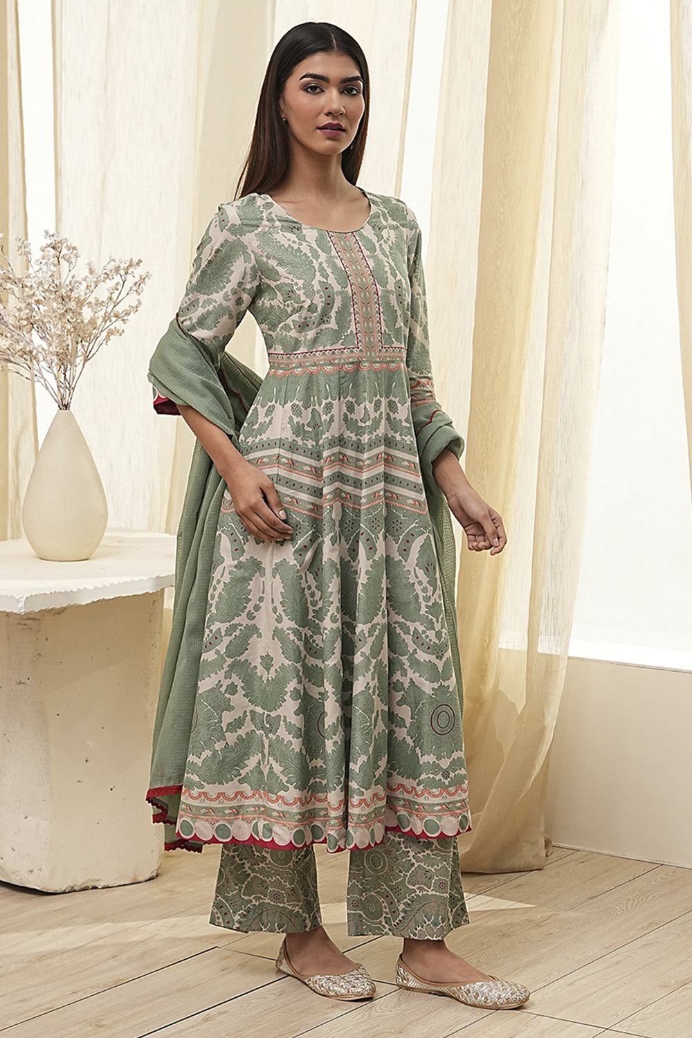 Green Cotton Printed Anarkali Suit Set image number 5