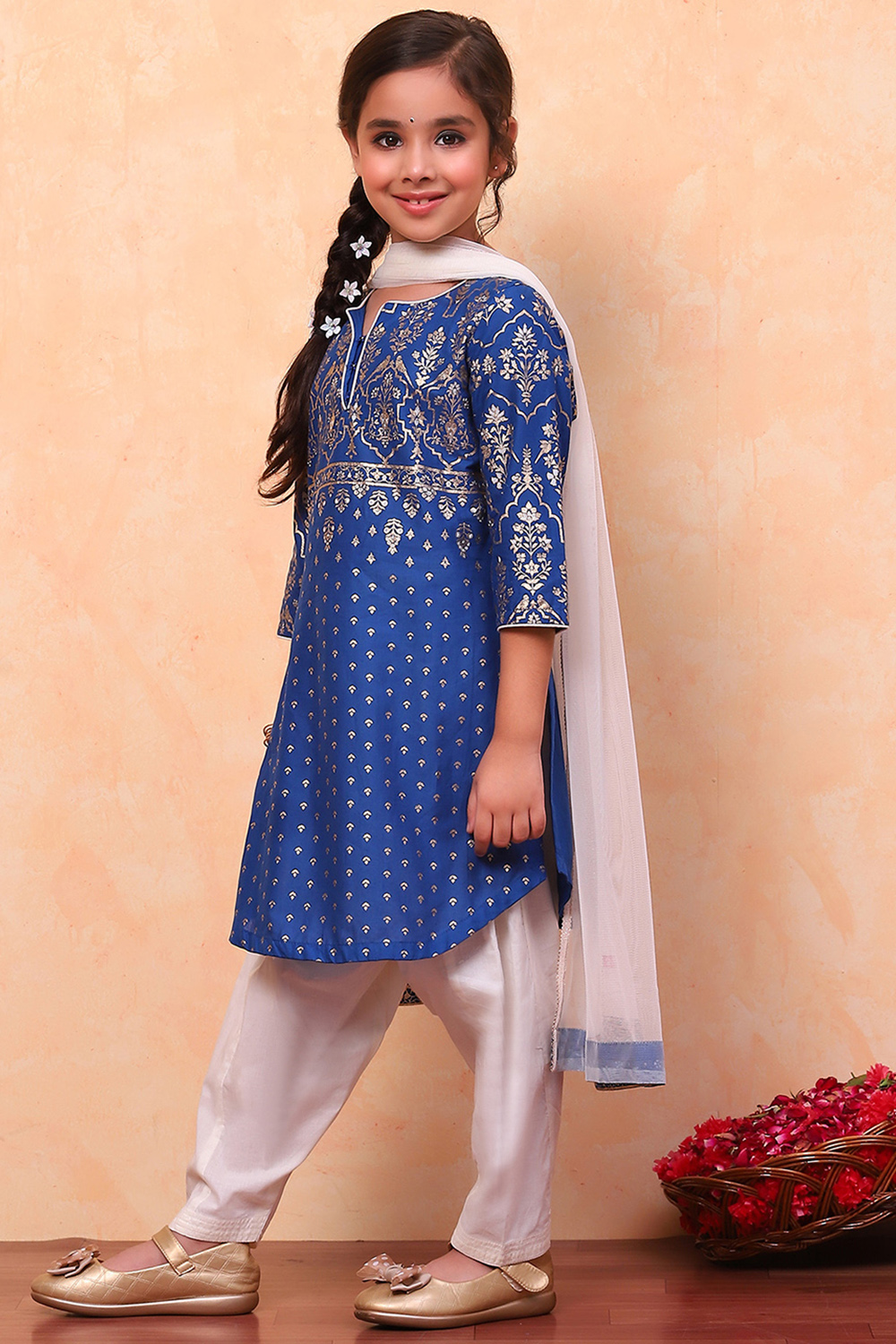 Blue and White Cotton Printed Straight Suit Set image number 5