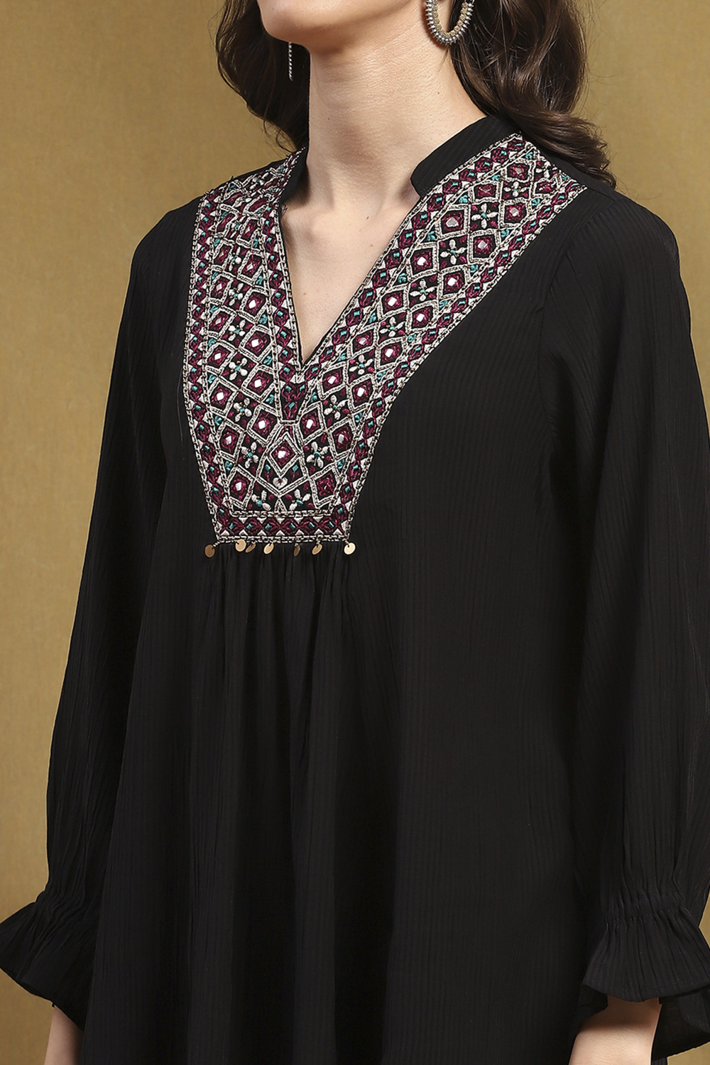 Black Embroidered A-Line Kurti image number 1