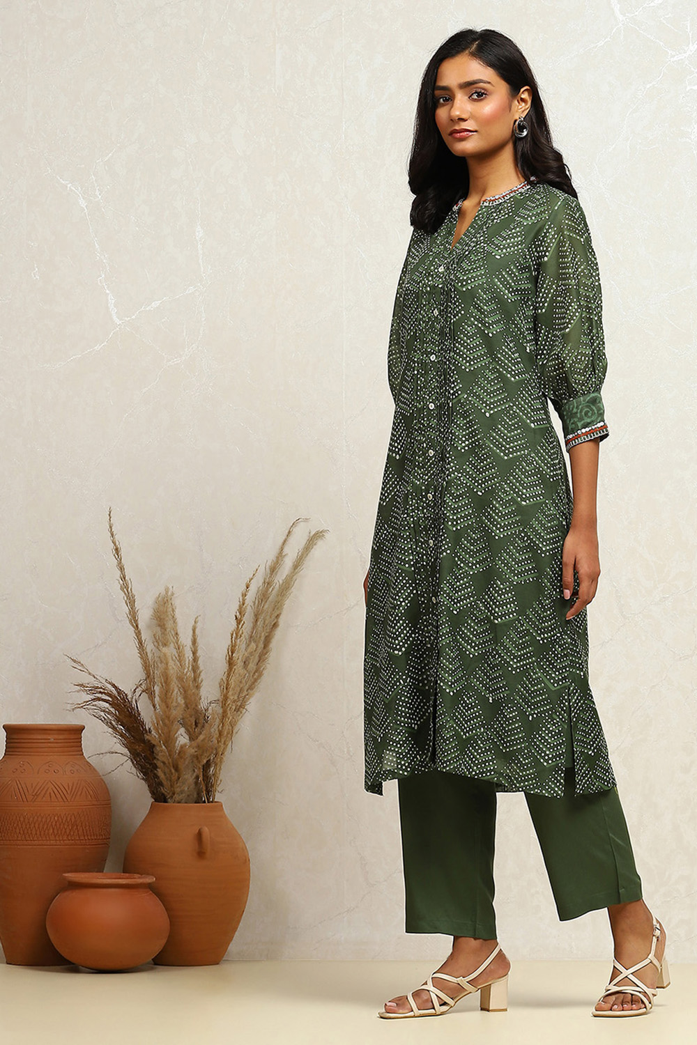 Green Chanderi Printed Straight Kurta Set image number 3