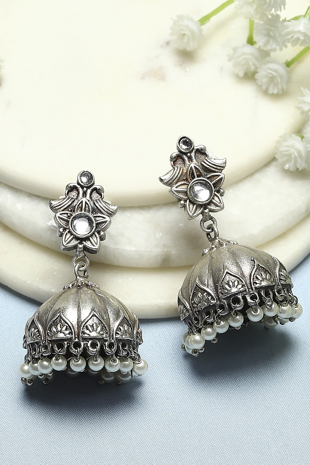 White Oxidised Stone Studded Dome Shaped Jhumkas image number 0