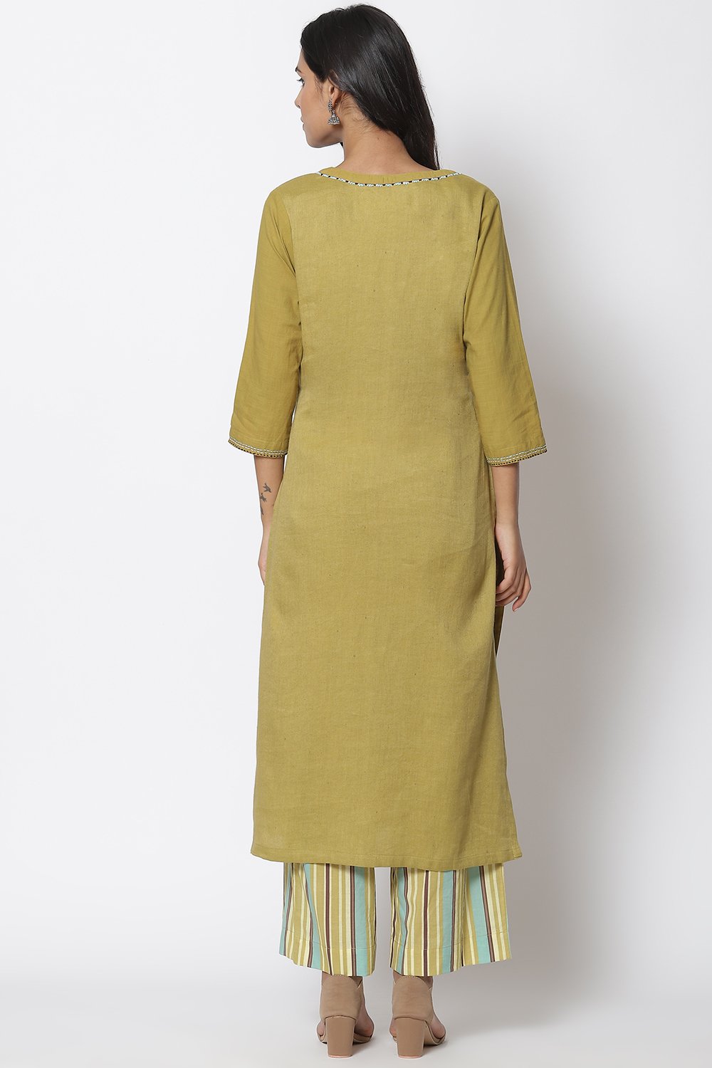 Olive Green Viscose Straight Kurta Palazzo Suit Set image number 4