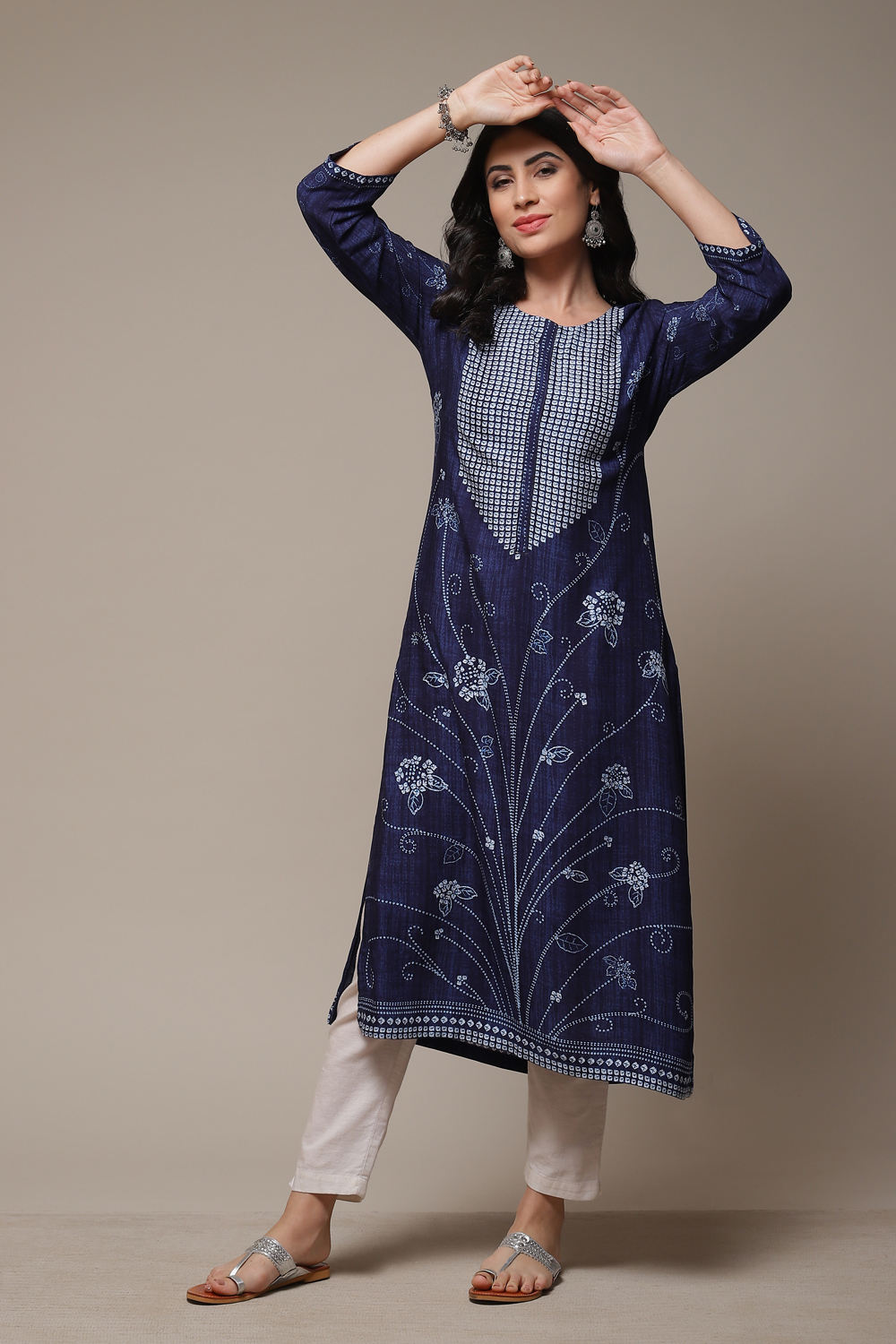 Indigo LIVA Straight Printed Kurta image number 0