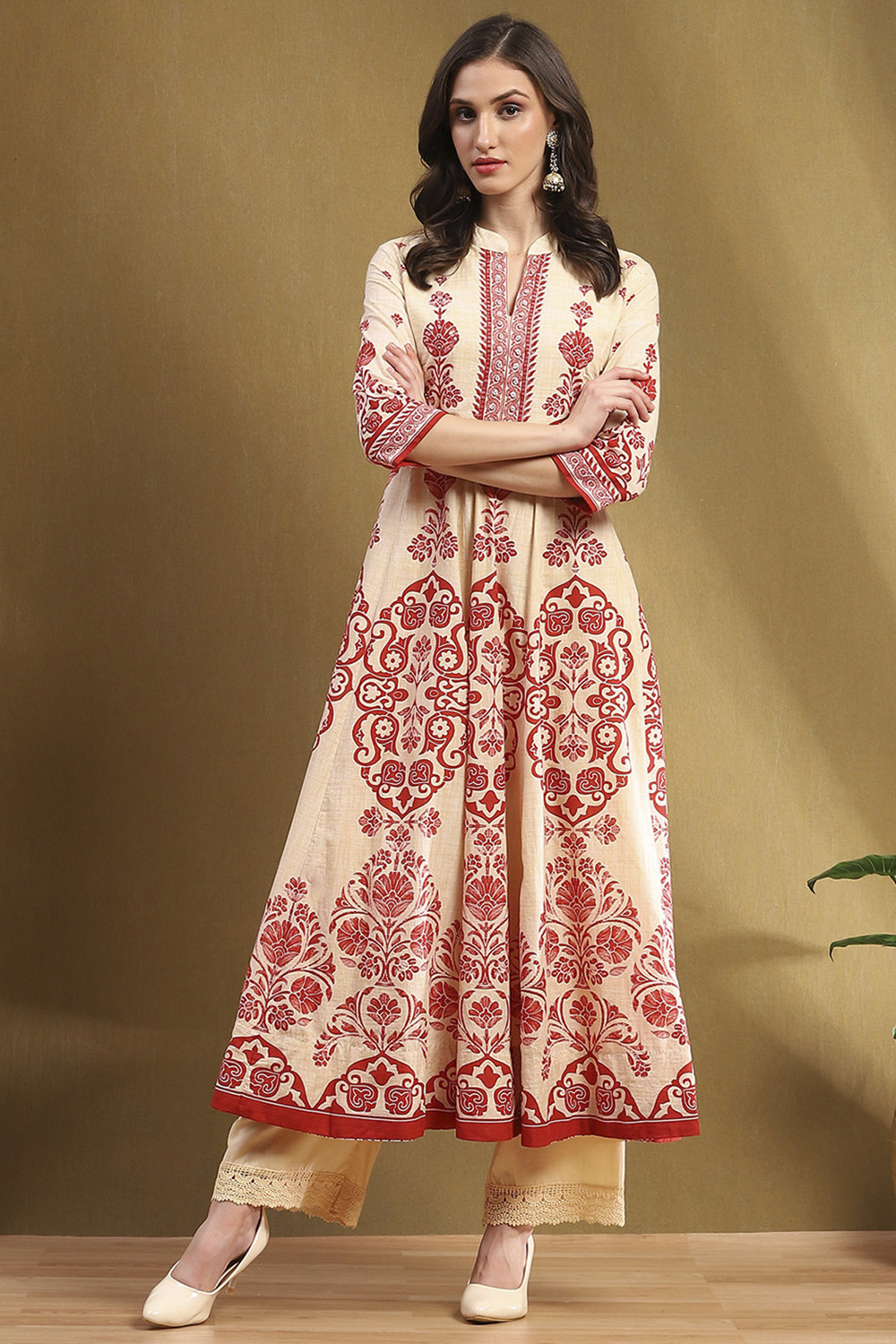 Ecru and Rust Cotton Printed Anarkali Kurta Set image number 6