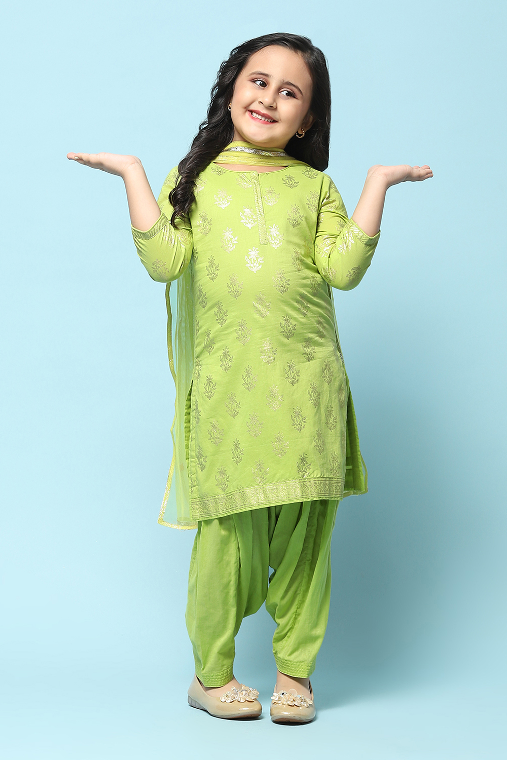 Turquoise Cotton Straight Printed Kurta Patiala Salwar Suit Set image number 7