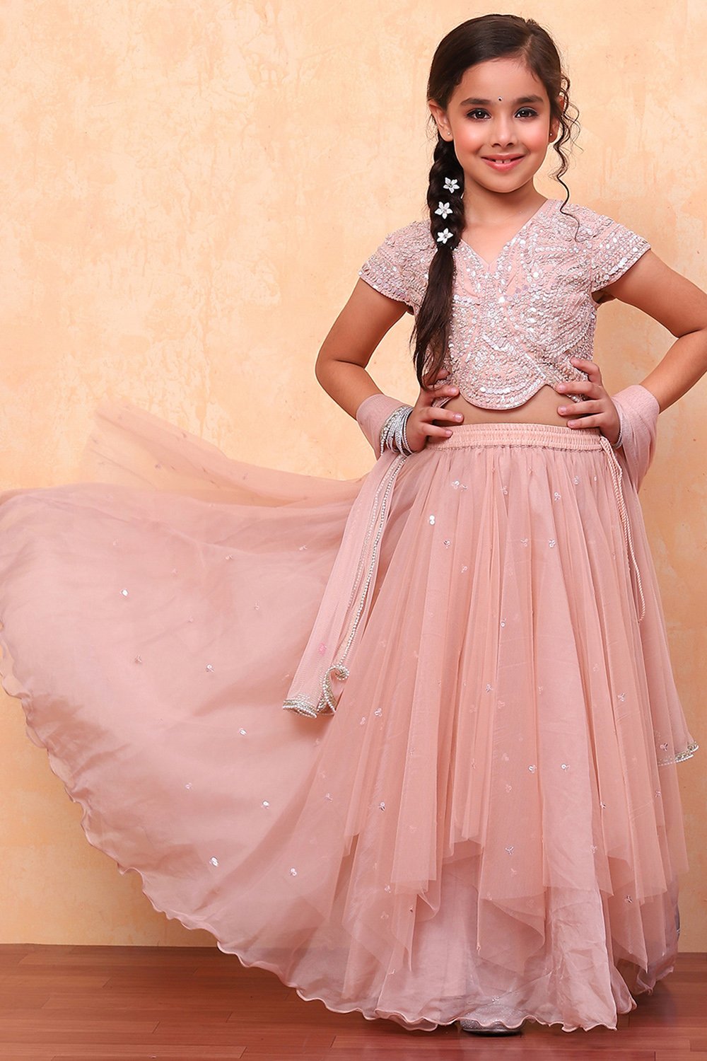 Peach Poly Chanderi Short Straight Lehenga Set image number 0