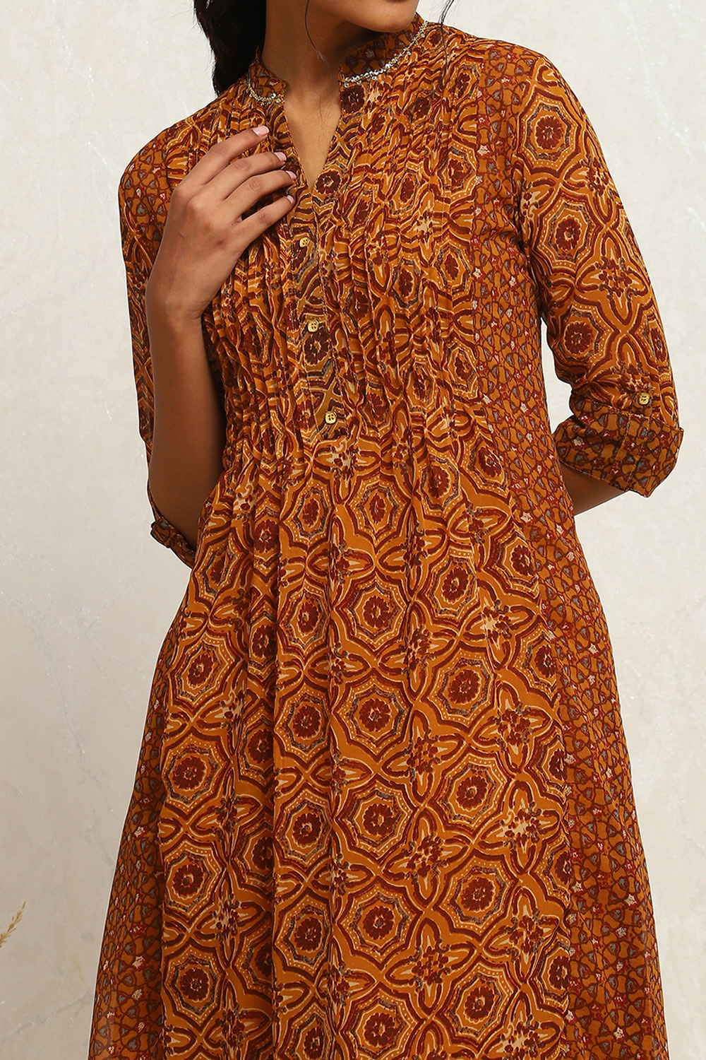 Mustard and Maroon Georgette Printed A-Line Kurta image number 1