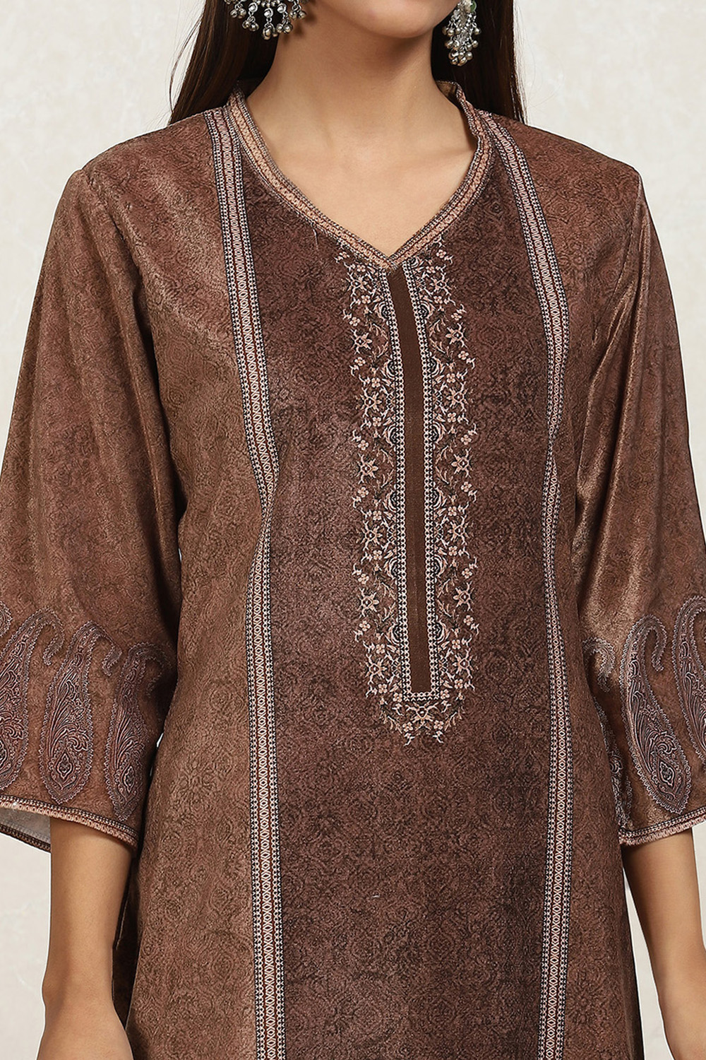 Brown Velvet Digital Print Unstitched Suit Set image number 2