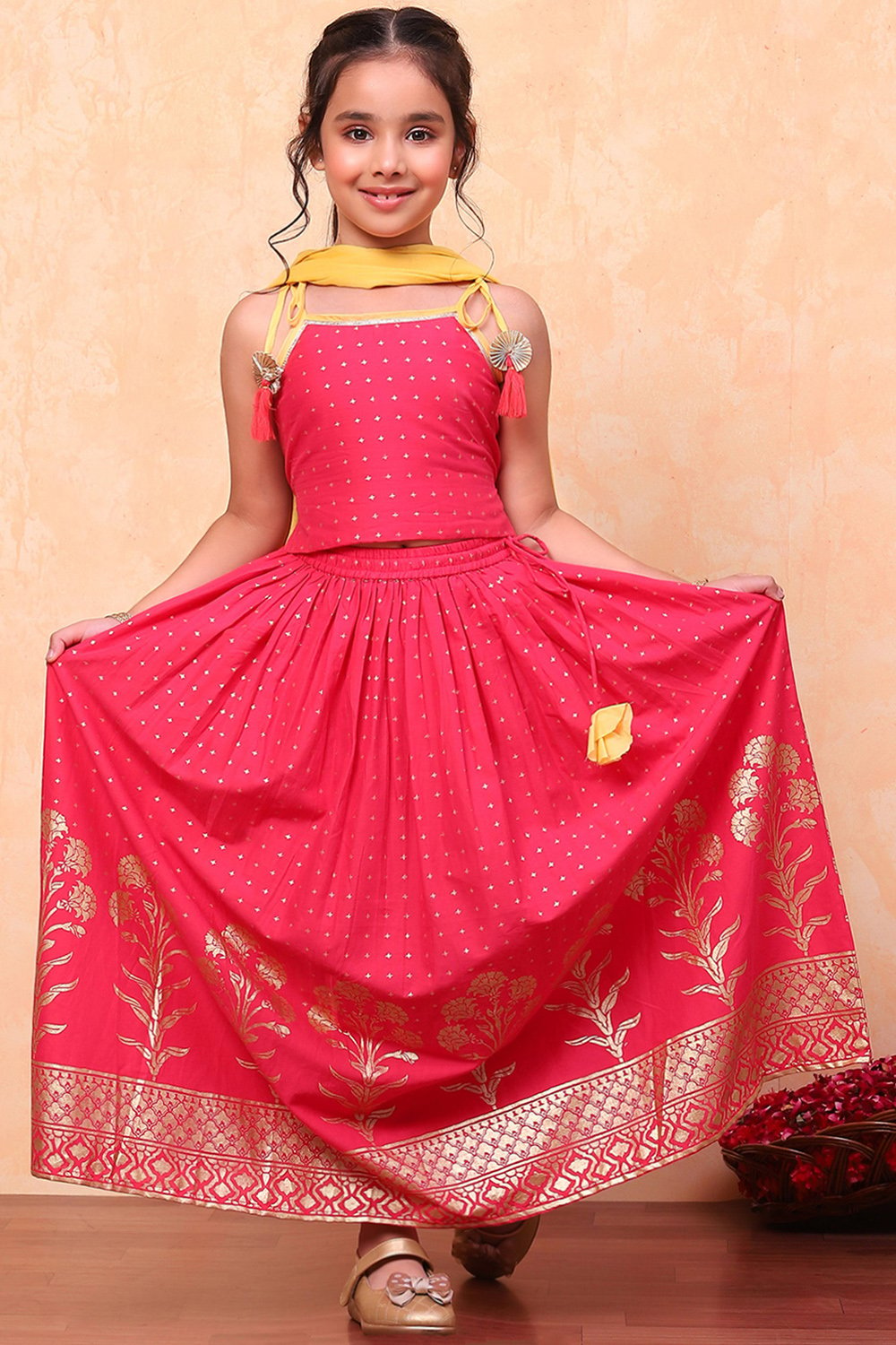 Pink Cotton Floral Printed Flared Festive Lehenga Set image number 0