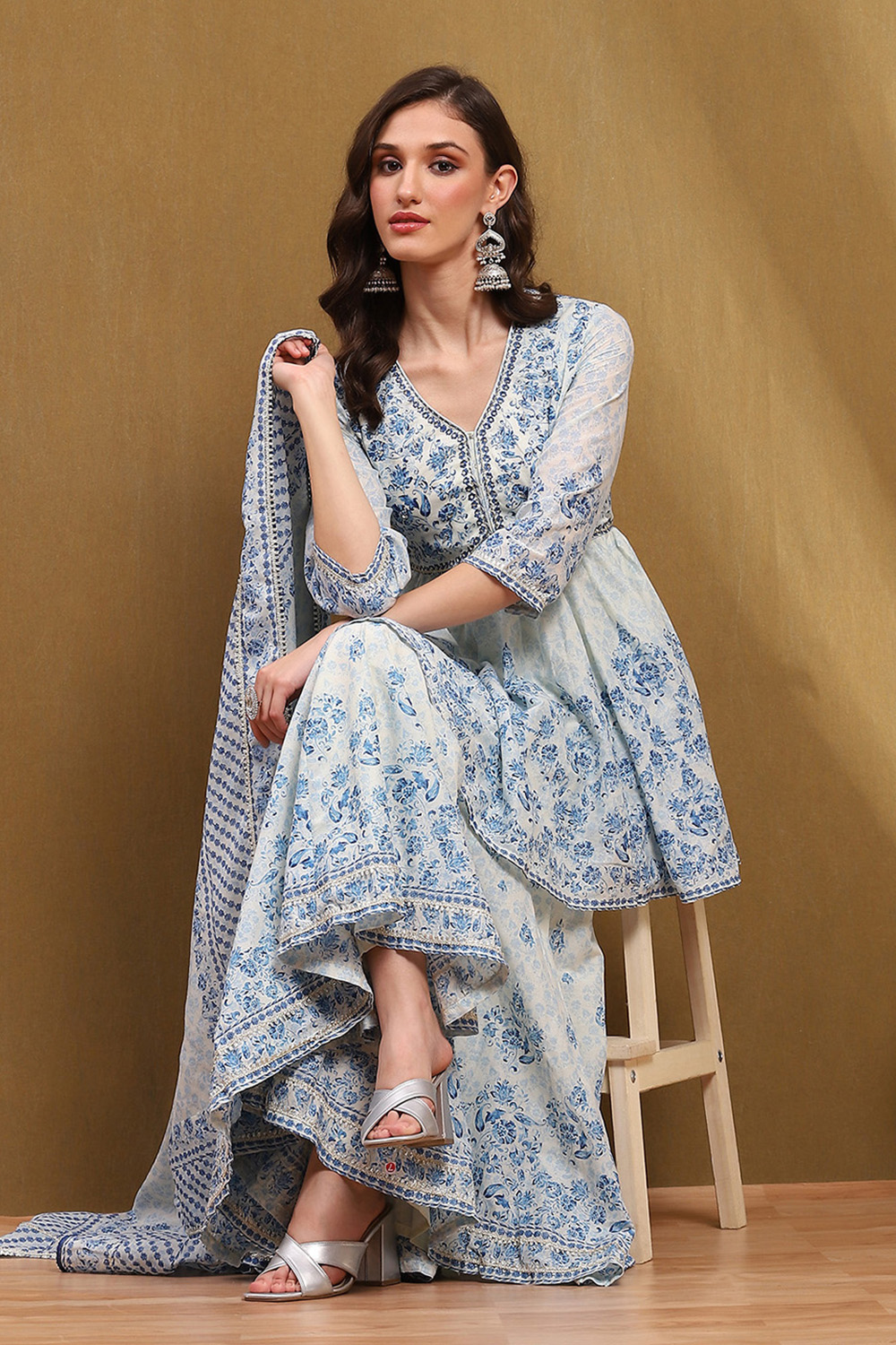 Aqua Blue Cotton Floral Printed Peplum Flared Suit Set image number 0