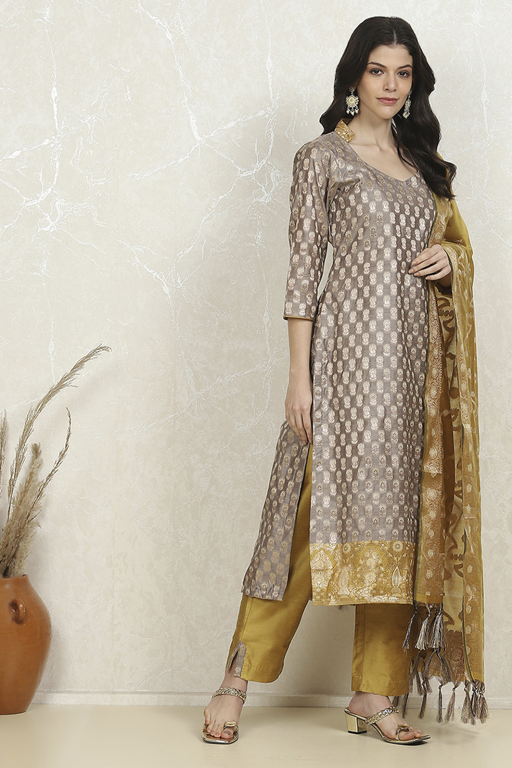 Grey Art Silk Woven Unstitched Suit Set image number 6