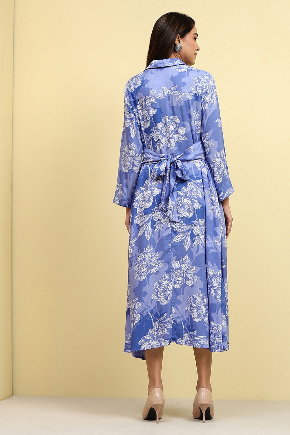 Blue Floral Printed Shirt Style A-line Dress image number 3