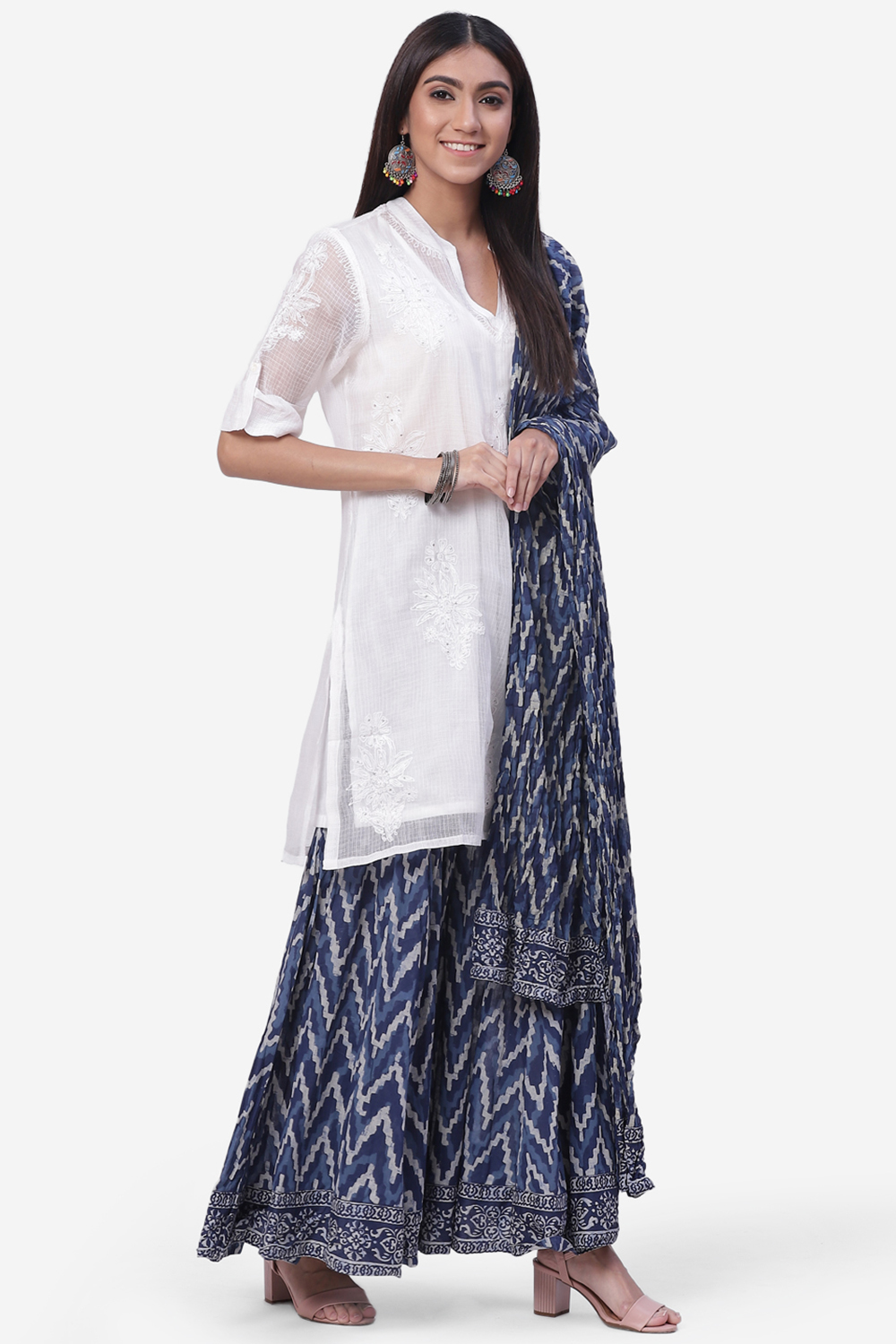 White And Indigo Cotton Straight Kurta Garara Suit Set image number 7