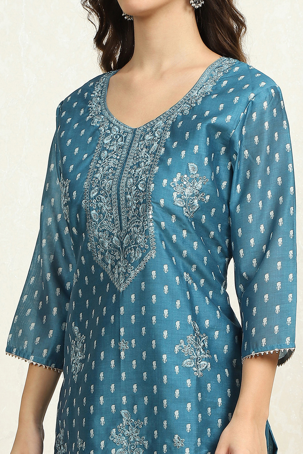 Blue Chanderi Floral Printed Unstitched Suit Set image number 6