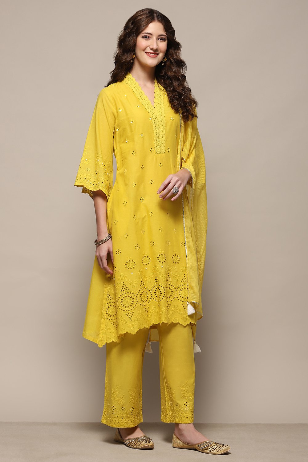 Lime Yellow Cotton Straight  Suit Set image number 6