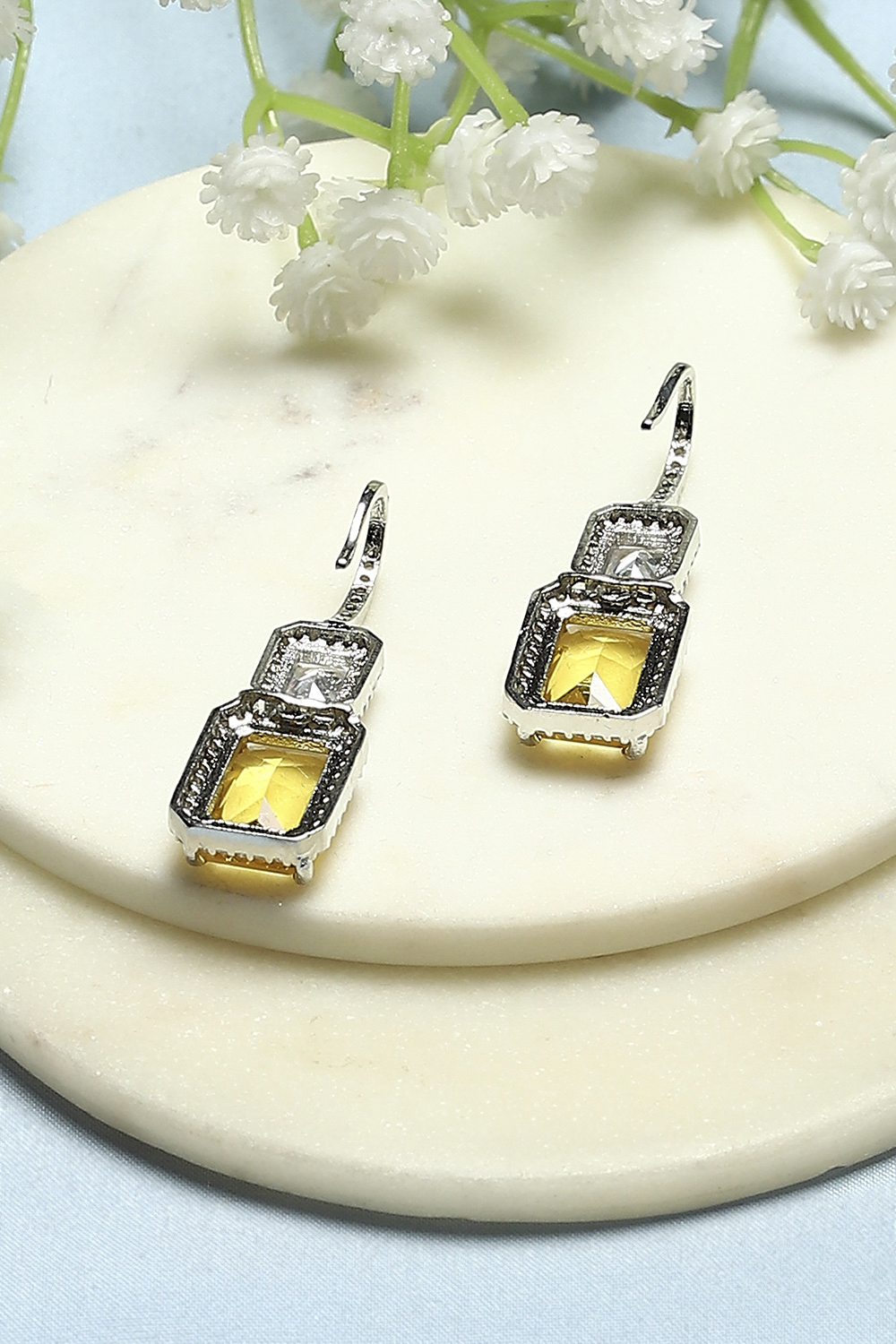 Gold-Toned Silver-Plated CZ Studded Geometric Danglers image number 2