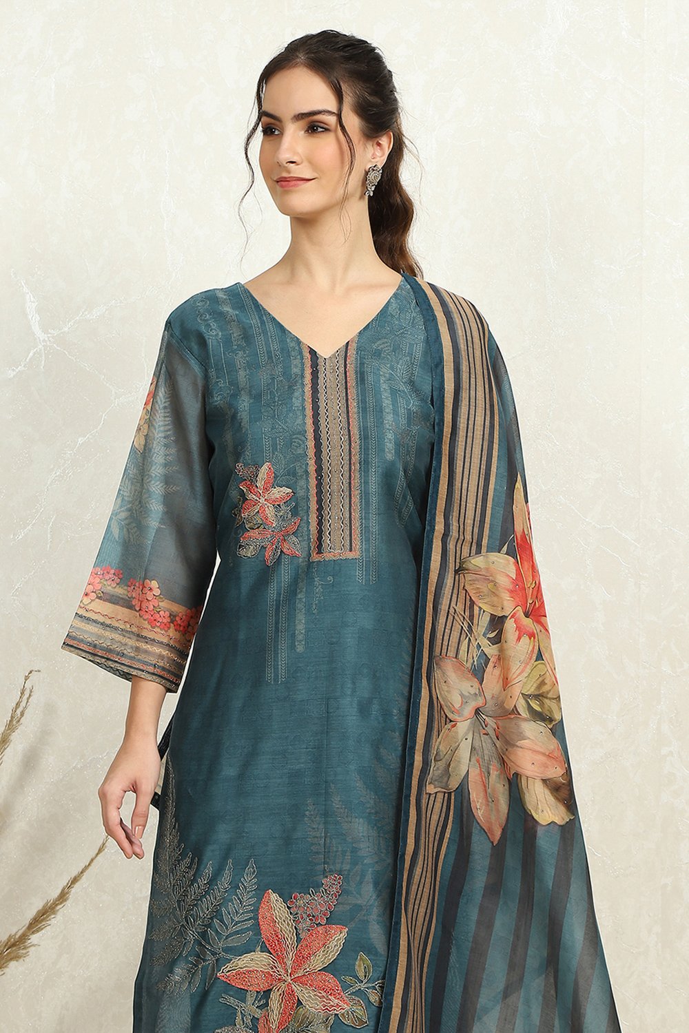 Blue Chanderi Floral Printed Unstitched Suit Set image number 6