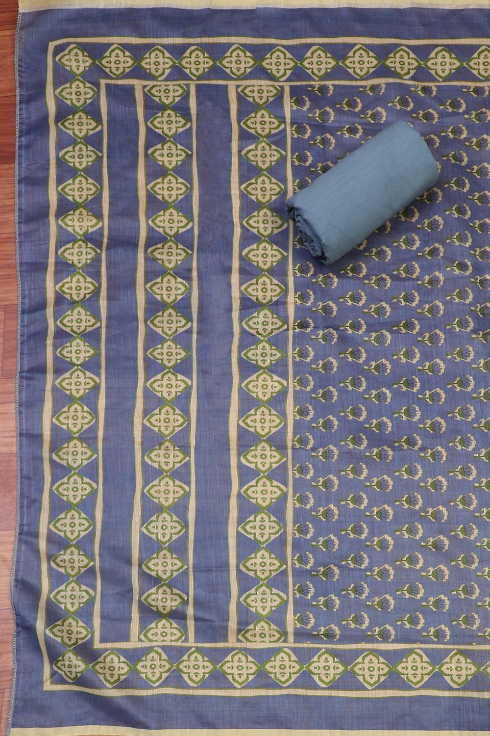 Aqua Cotton Handloom Unstitched Suit Set image number 3