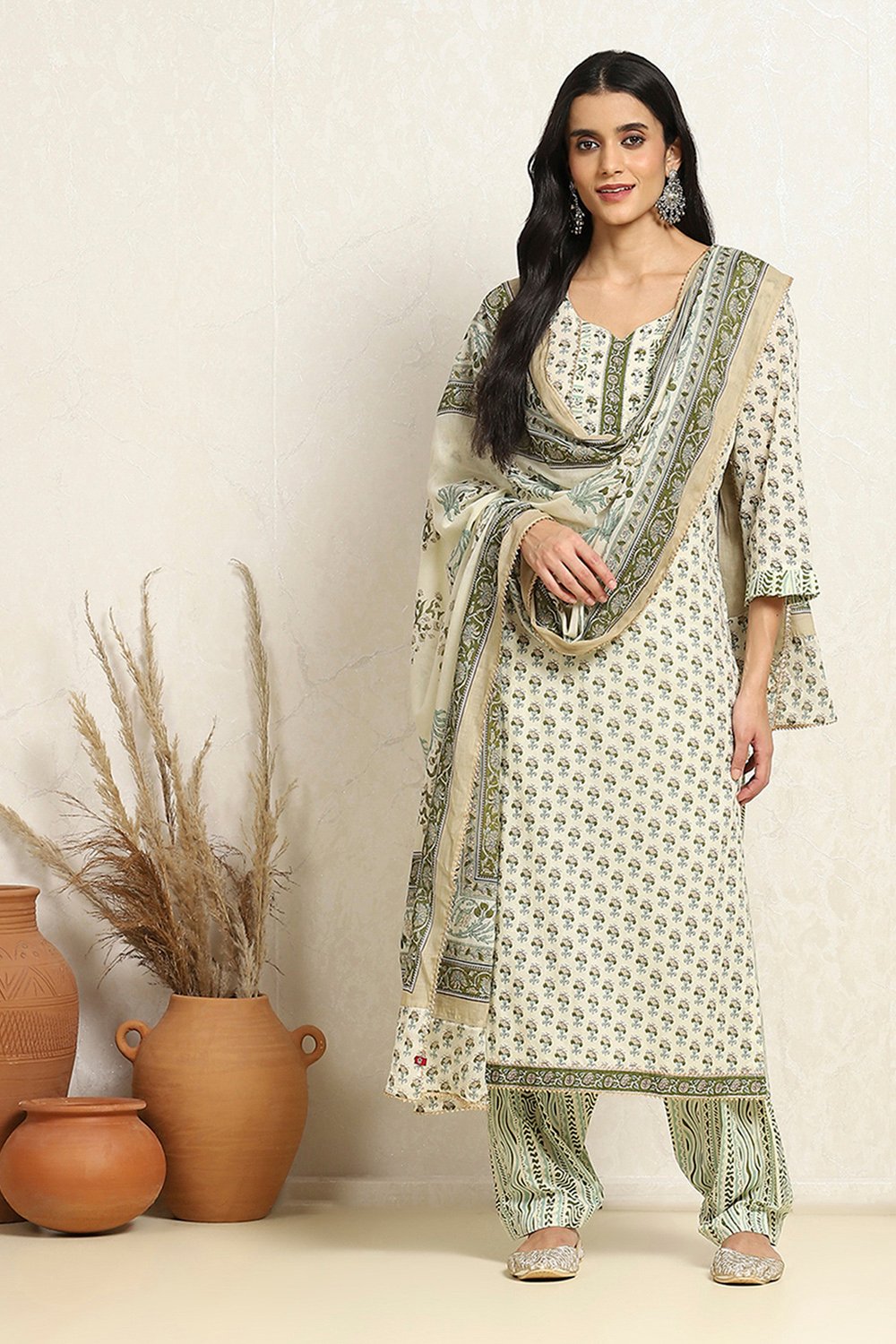 White and Green Cotton Printed Unstitched Suit Set image number 1