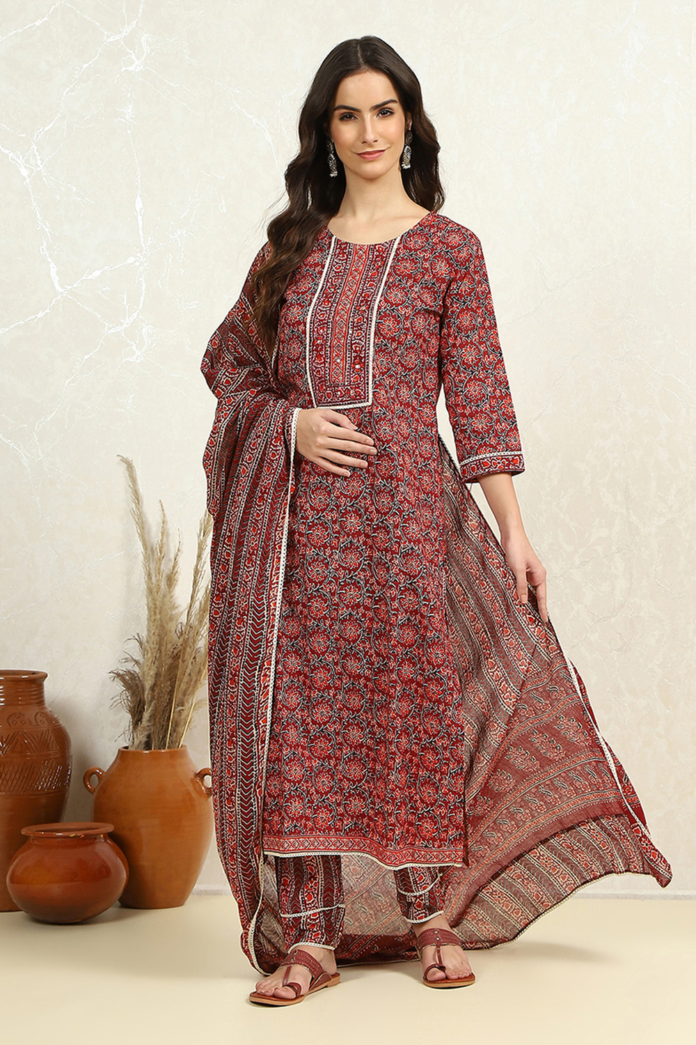 Blue Cotton Floral Printed Unstitched Suit Set image number 1