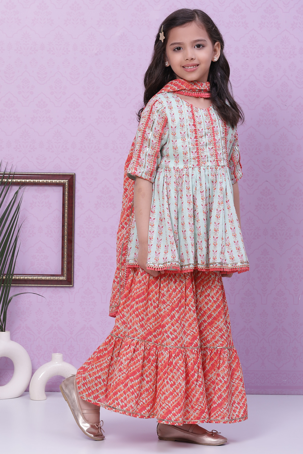 Aqua & Coral Cotton A-Line Kurta Garara Suit Set image number 6