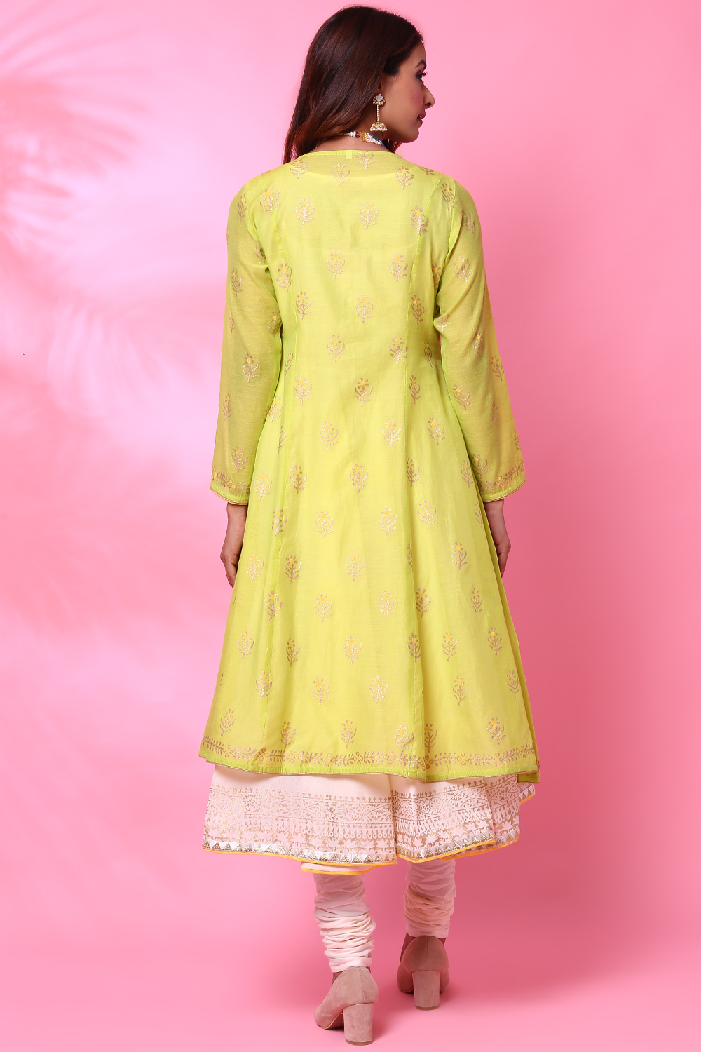 Lime Green Double Flared Kurta Churidar Suit Set image number 6