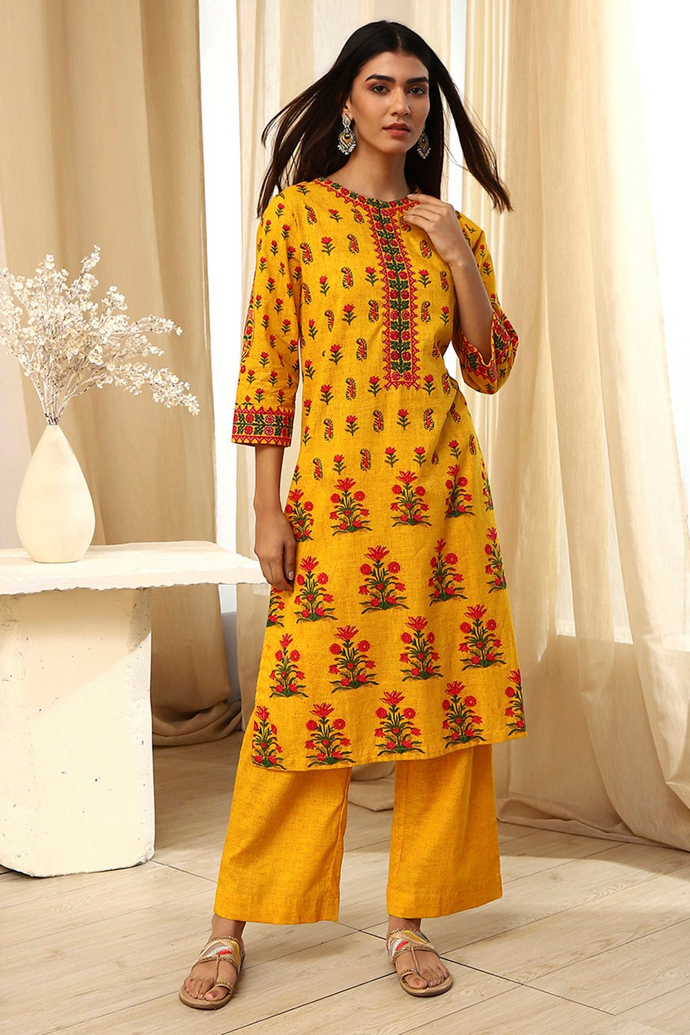 Yellow Pure Cotton Straight Kurta Set image number 6