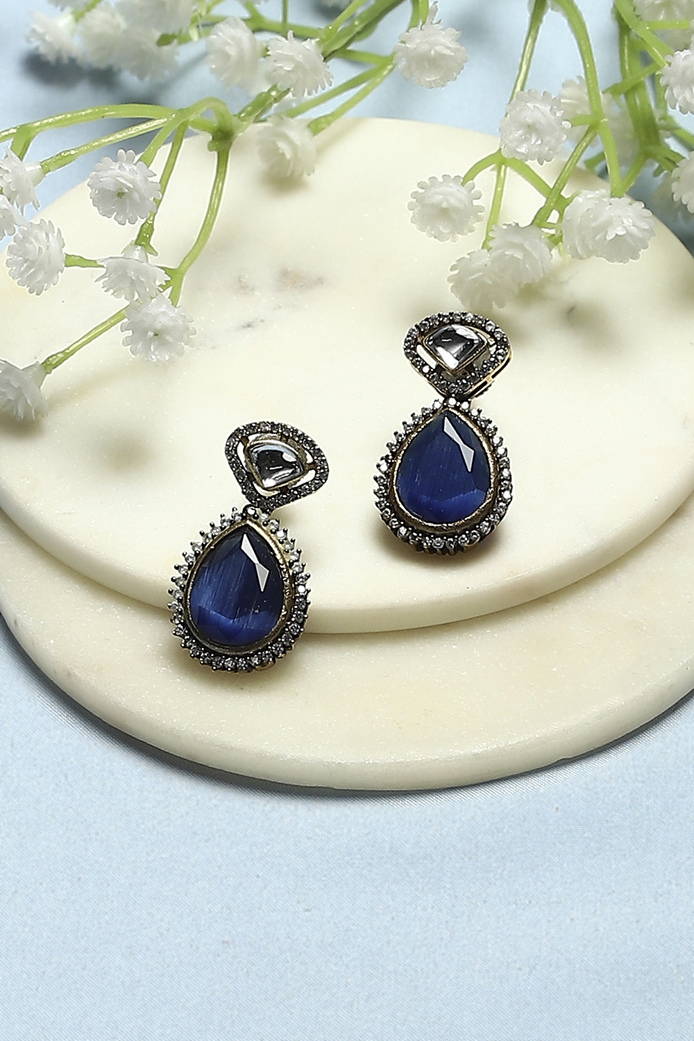 Navy Blue Gold-Plated Kundan Tear Drop Danglers image number 0