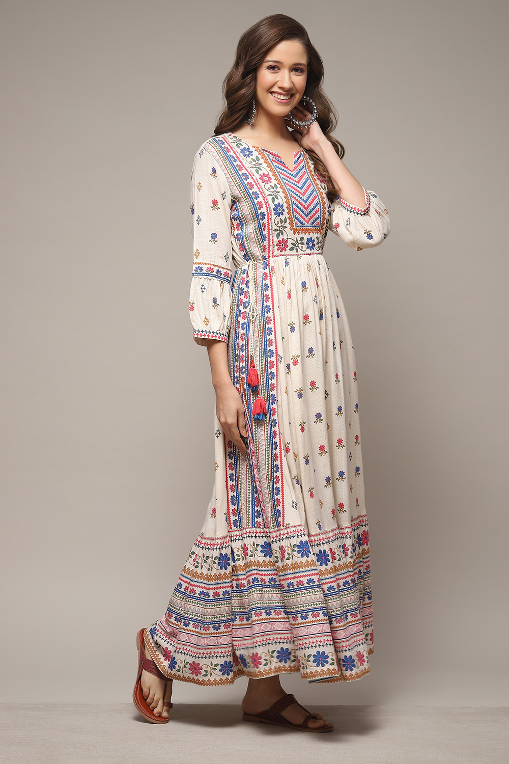 Ecru LIVA Tiered Printed Dress image number 4