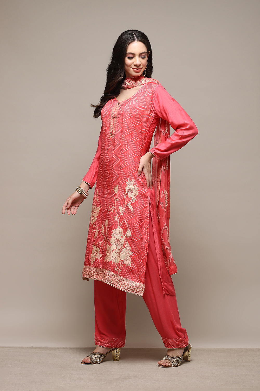 Pink Linen Blend Digital Print Unstitched Suit Set image number 6