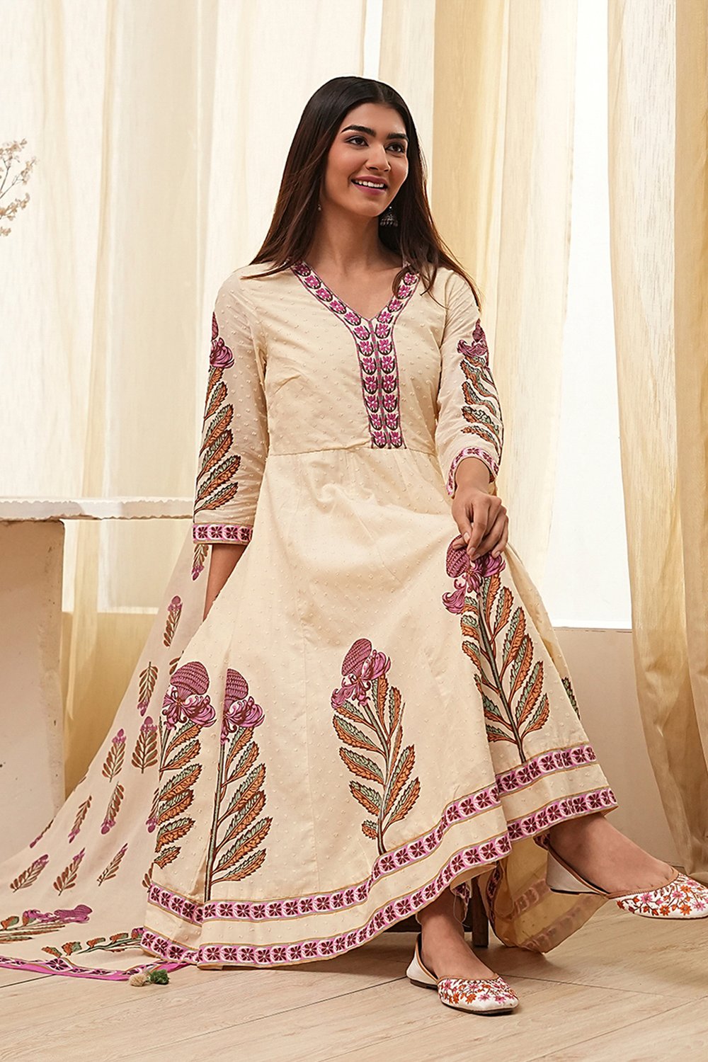 Beige Cotton Printed Anarkali Suit Set image number 0