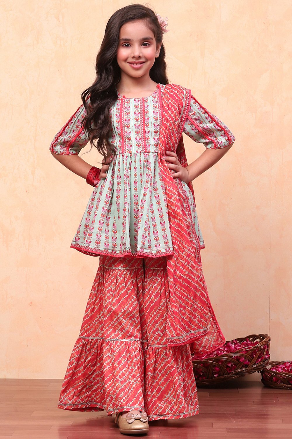 Aqua and Coral Pure Cotton Printed Peplum Suit Set image number 0