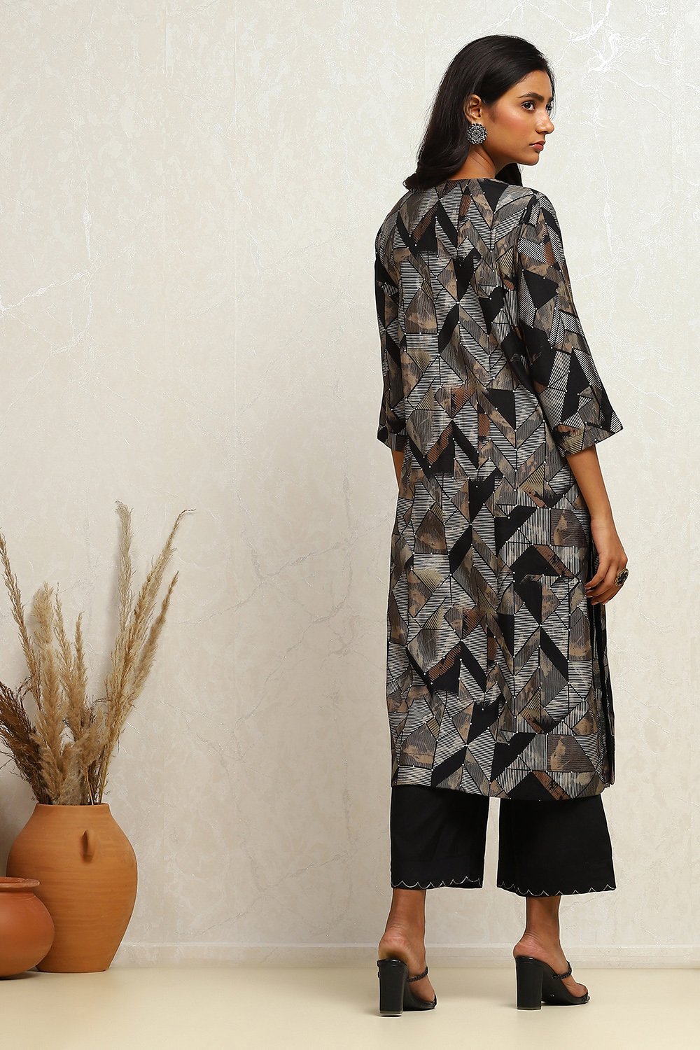 Black Modal Chanderi Printed Gathered A-line Suit Set image number 4