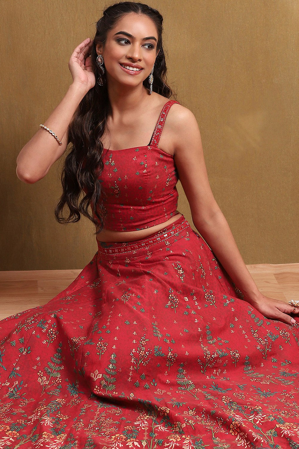 Red Satin Printed Lightweight Lehenga Set image number 0