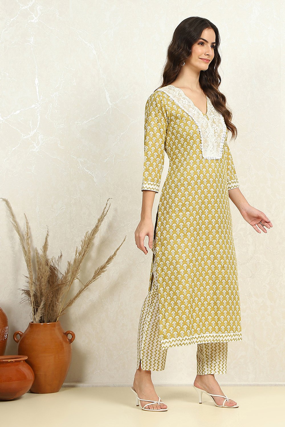 Green and White Cotton Printed Unstitched Suit Set  image number 3