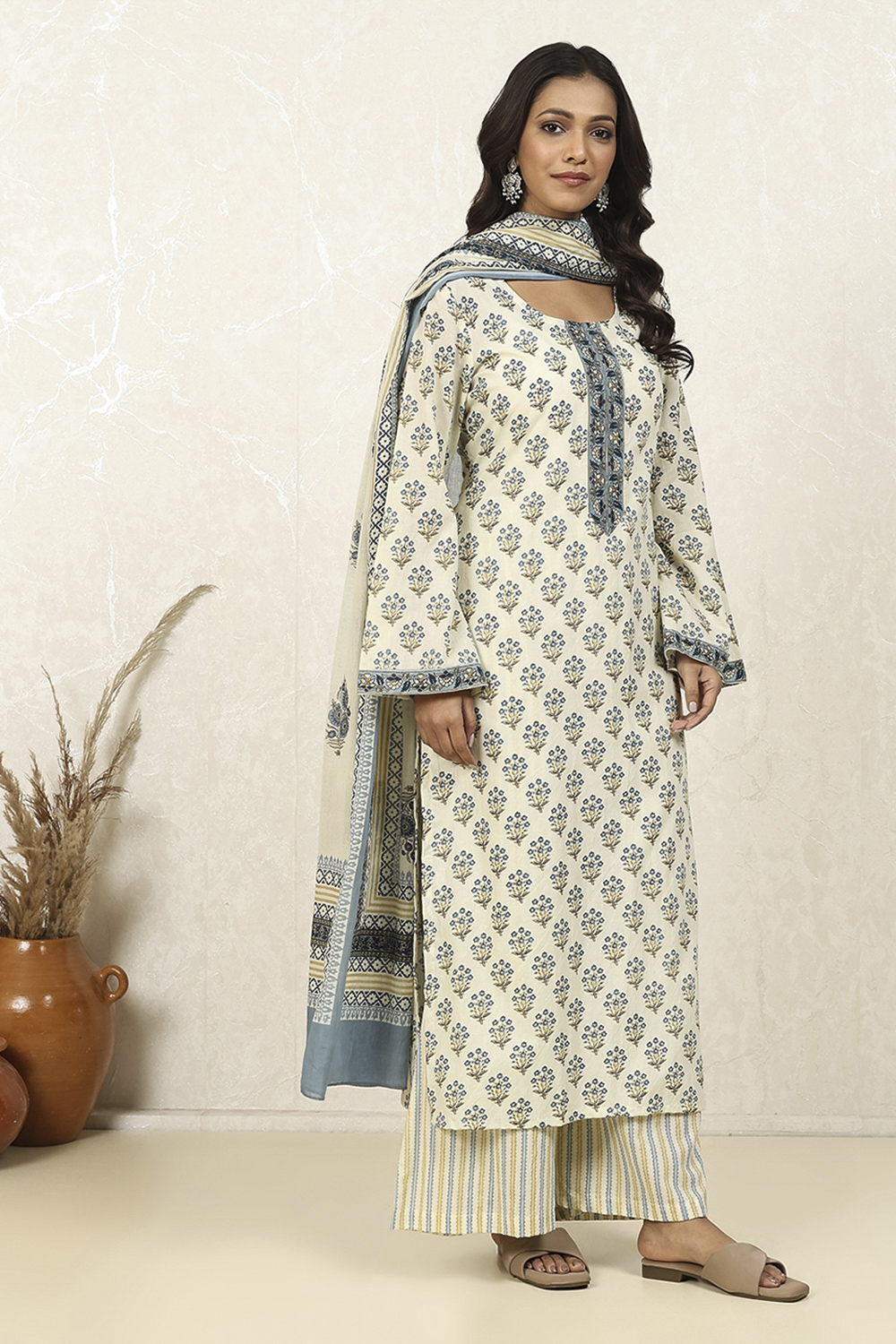 Blue Cotton Printed Unstitched Suit Set image number 1